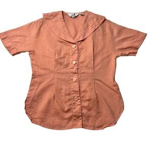 S.L.B. 100% Linen Short Sleeve V-Neck Button Down Shirt Size Small *TINY FLAW*